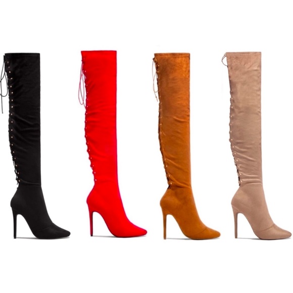 Black High Heel Open Back Corset Lace Up Thigh High Boot - Picture 8 of 15